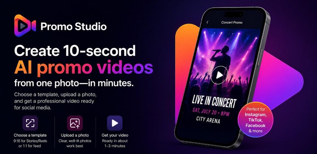 AI Promo Studio app preview showing a concert promo on a phone